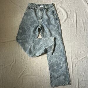 blue light wash straight leg paisley print jeans